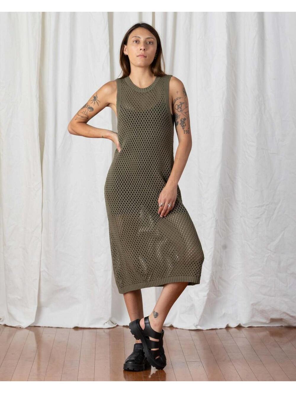 NWT Ali Golden 100% Cotton Olive Open Knit Midi Dress Sz L Beach Summer Boho